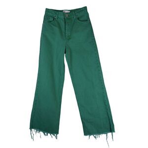 Zara Green Frayed Hem Wide Leg Jeans EUR 34 US 2 Kelly Green